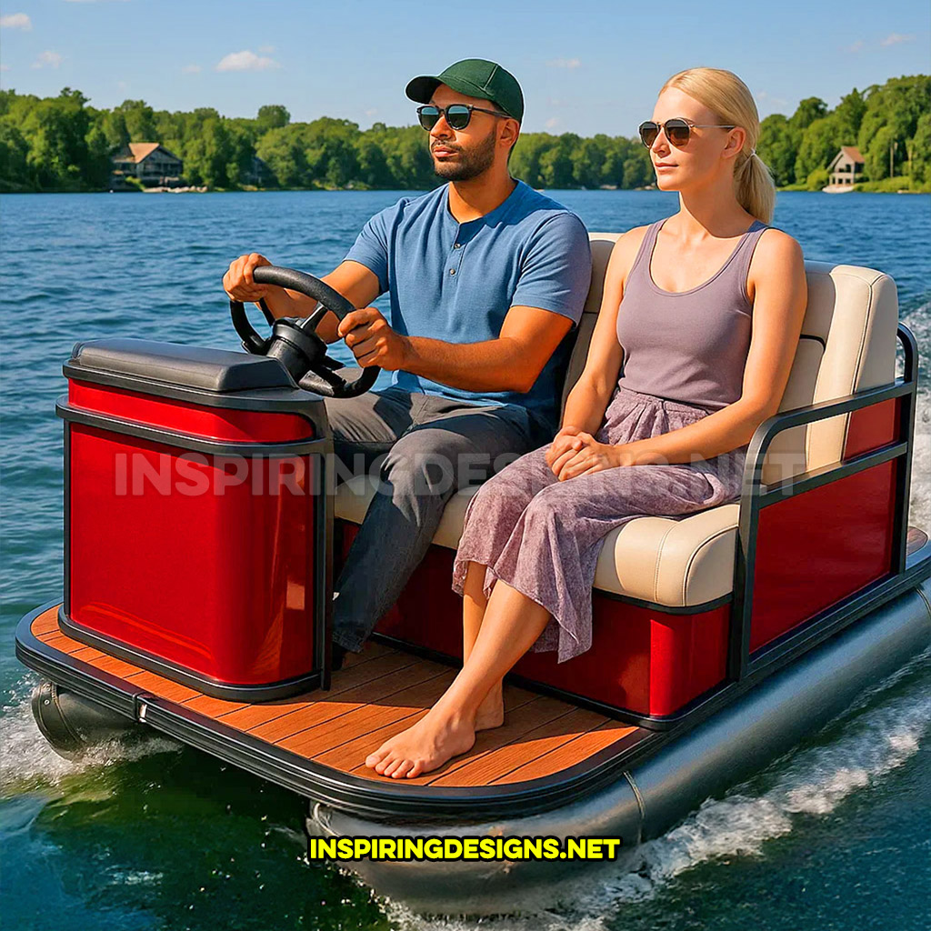 mini pontoon boat in a red and black color