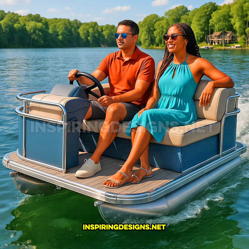 mini pontoon boat in a light blue and cream color