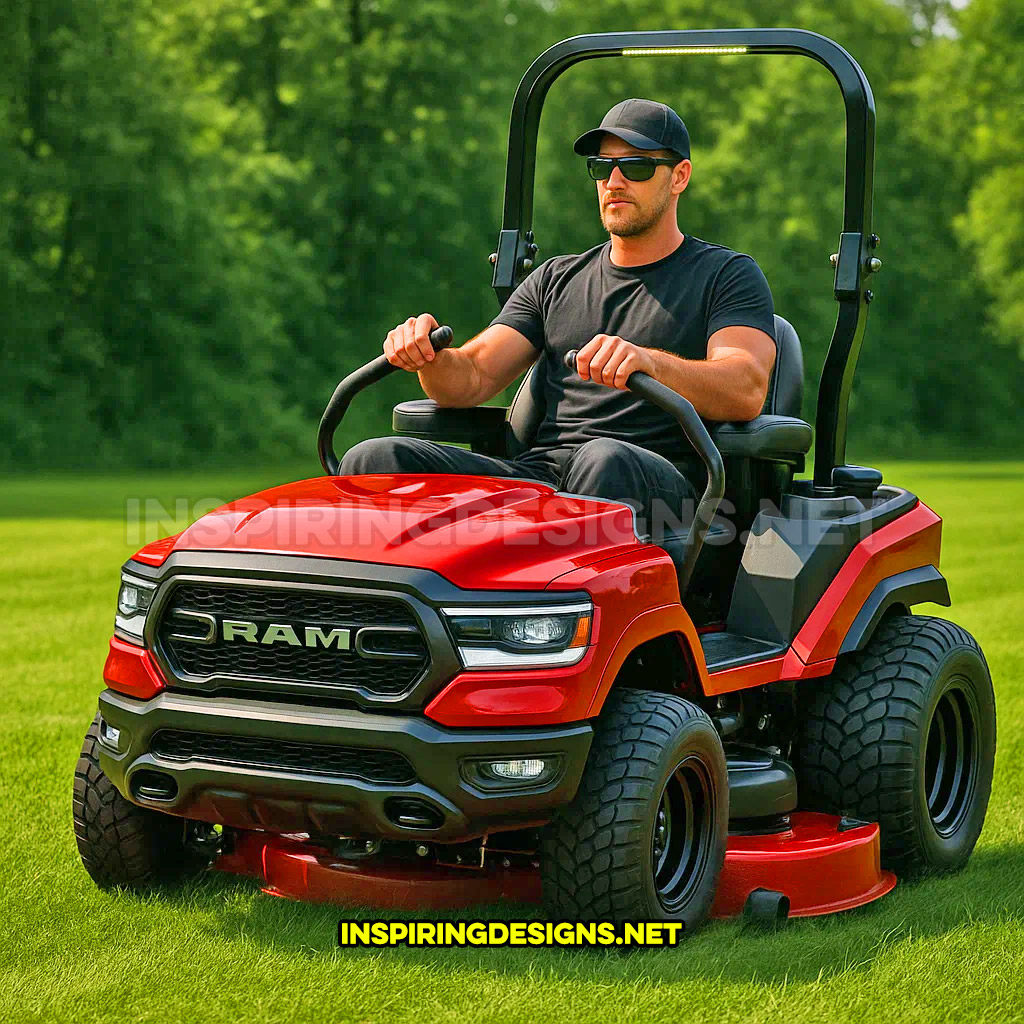 pickup truck lawn mower in a red Dodge Ram design
