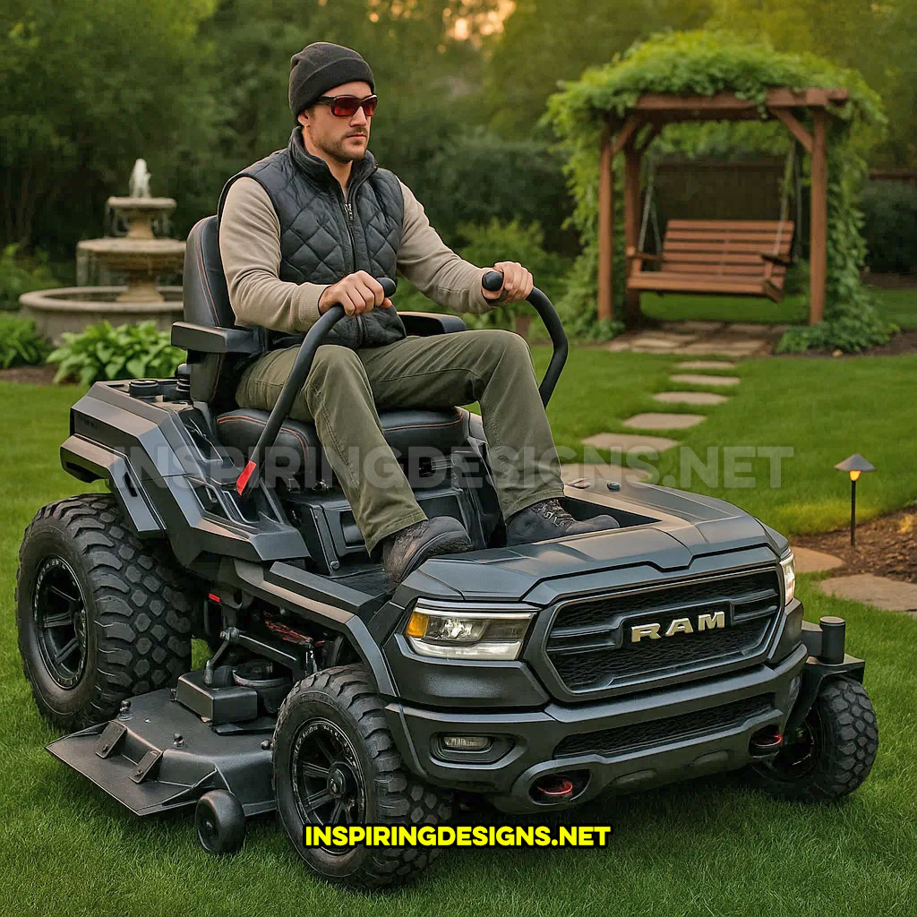 pickup truck lawn mower in a black Dodge Ram design