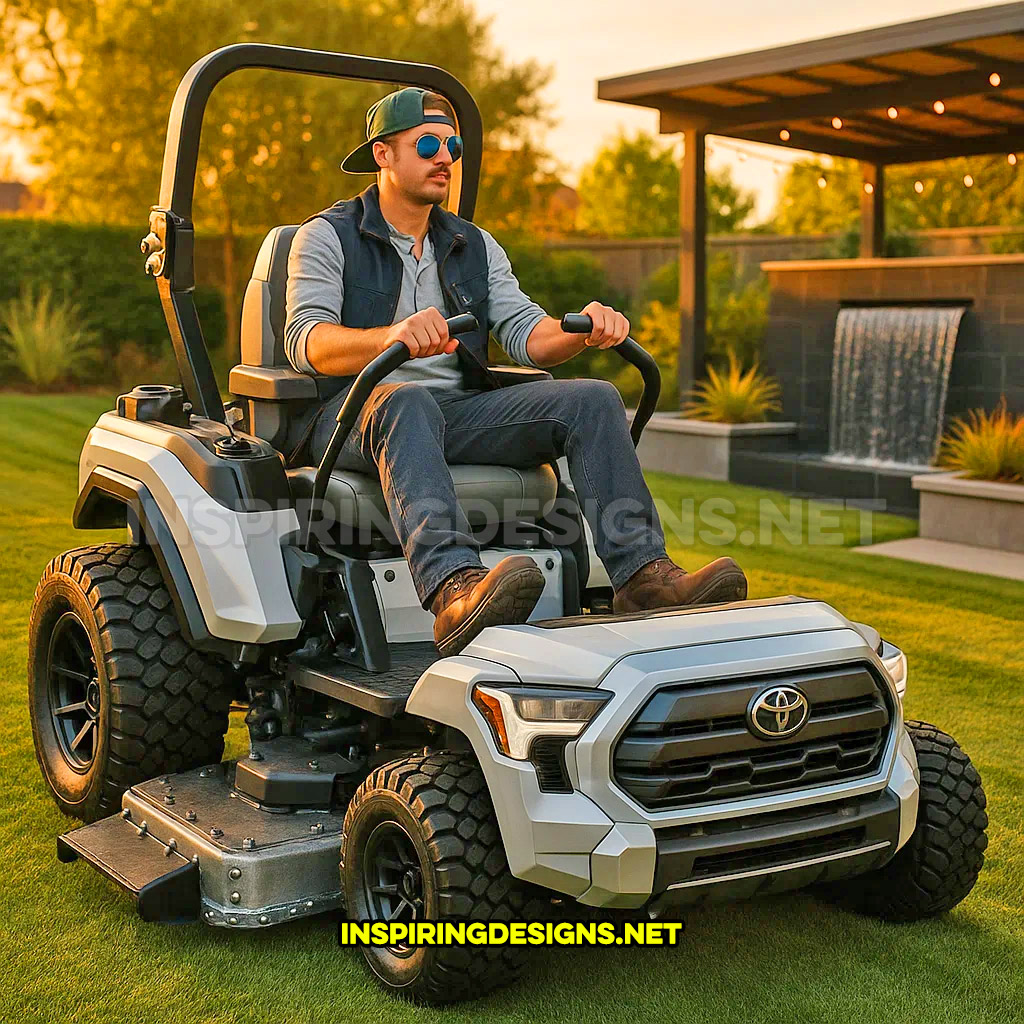 pickup truck lawn mower in a white Toyota Tacoma design