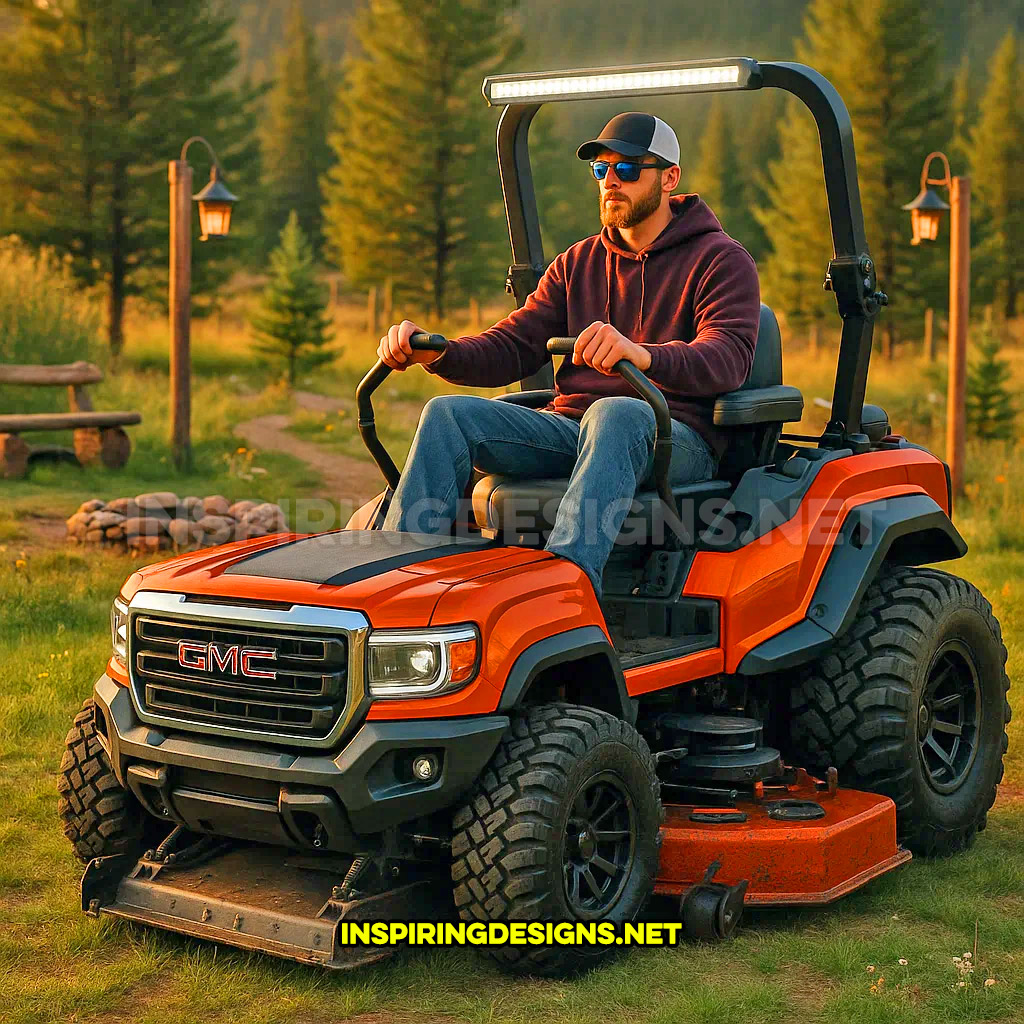 pickup truck lawn mower in a orange GMC Sierra design