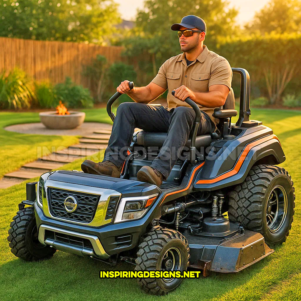 pickup truck lawn mower in a black and orange Nissan Titan design
