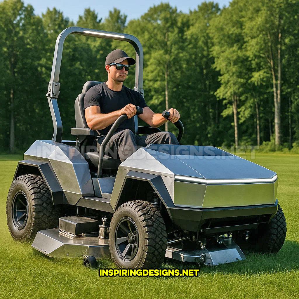 pickup truck lawn mower in a silver Tesla Cybertruck design