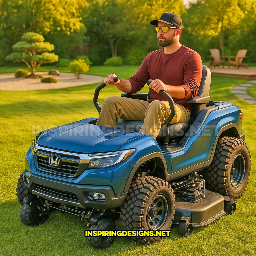 pickup truck lawn mower in a blue Honda Ridgeline design