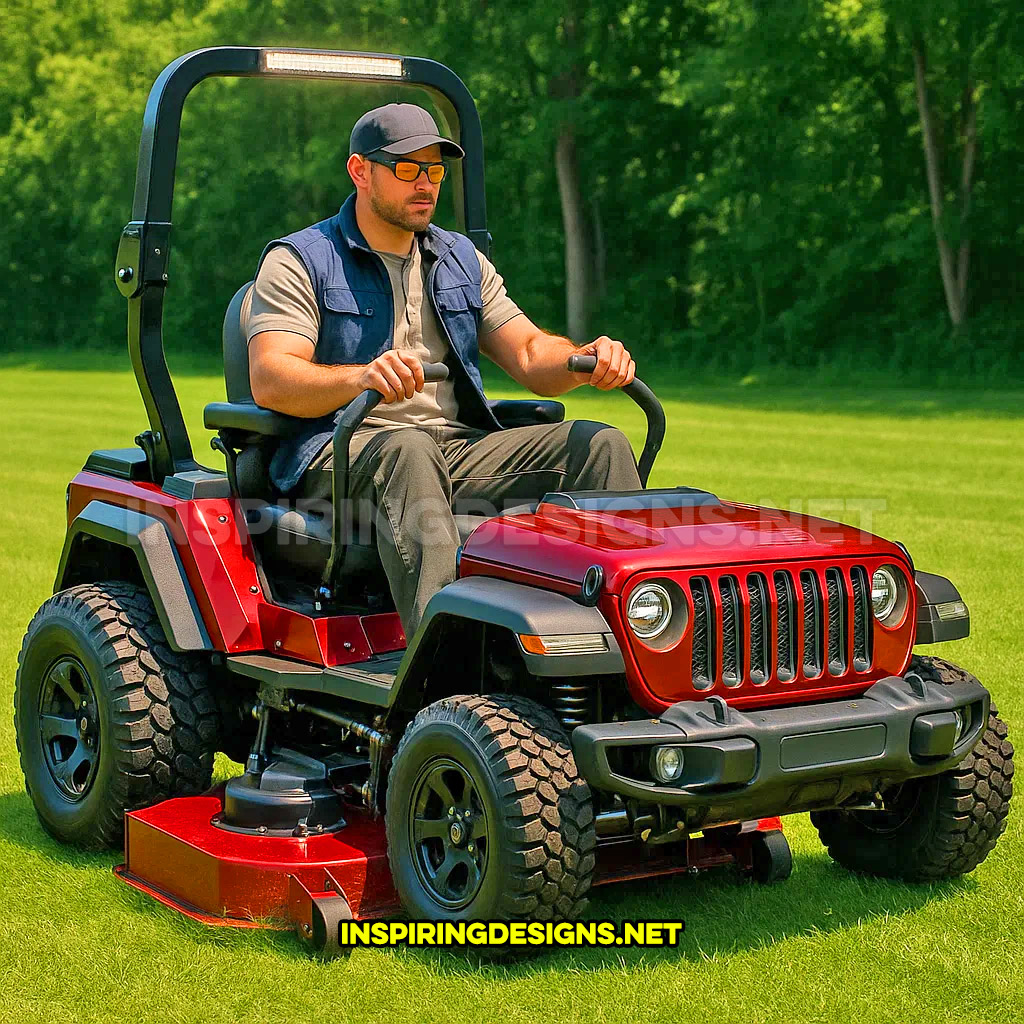 pickup truck lawn mower in a red Jeep Wrangler design