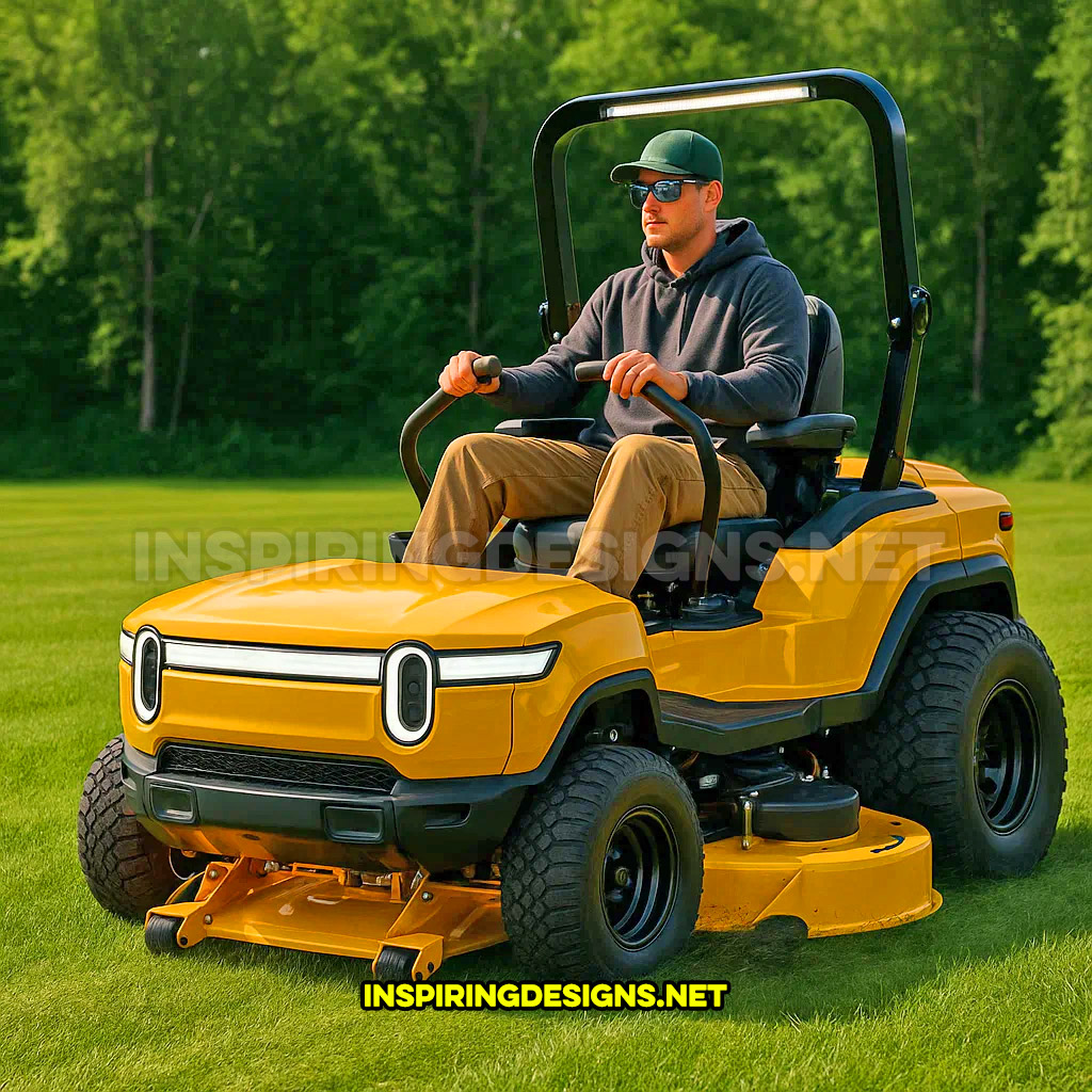 pickup truck lawn mower in a yellow Rivian R1T design
