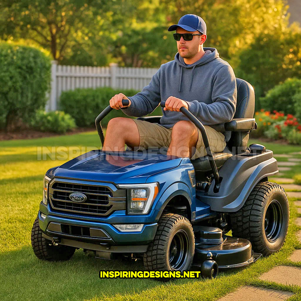 pickup truck lawn mower in a blue Ford F-150 design