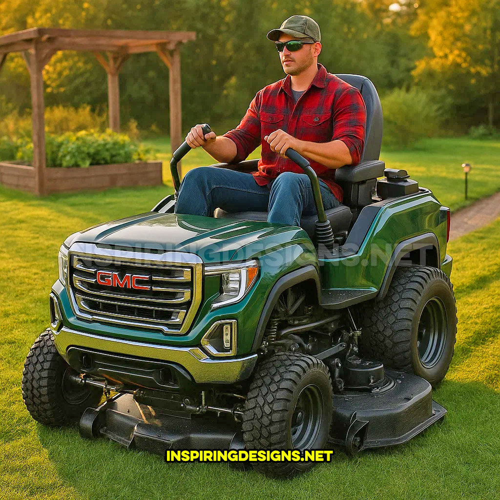pickup truck lawn mower in a green GMC Sierra design