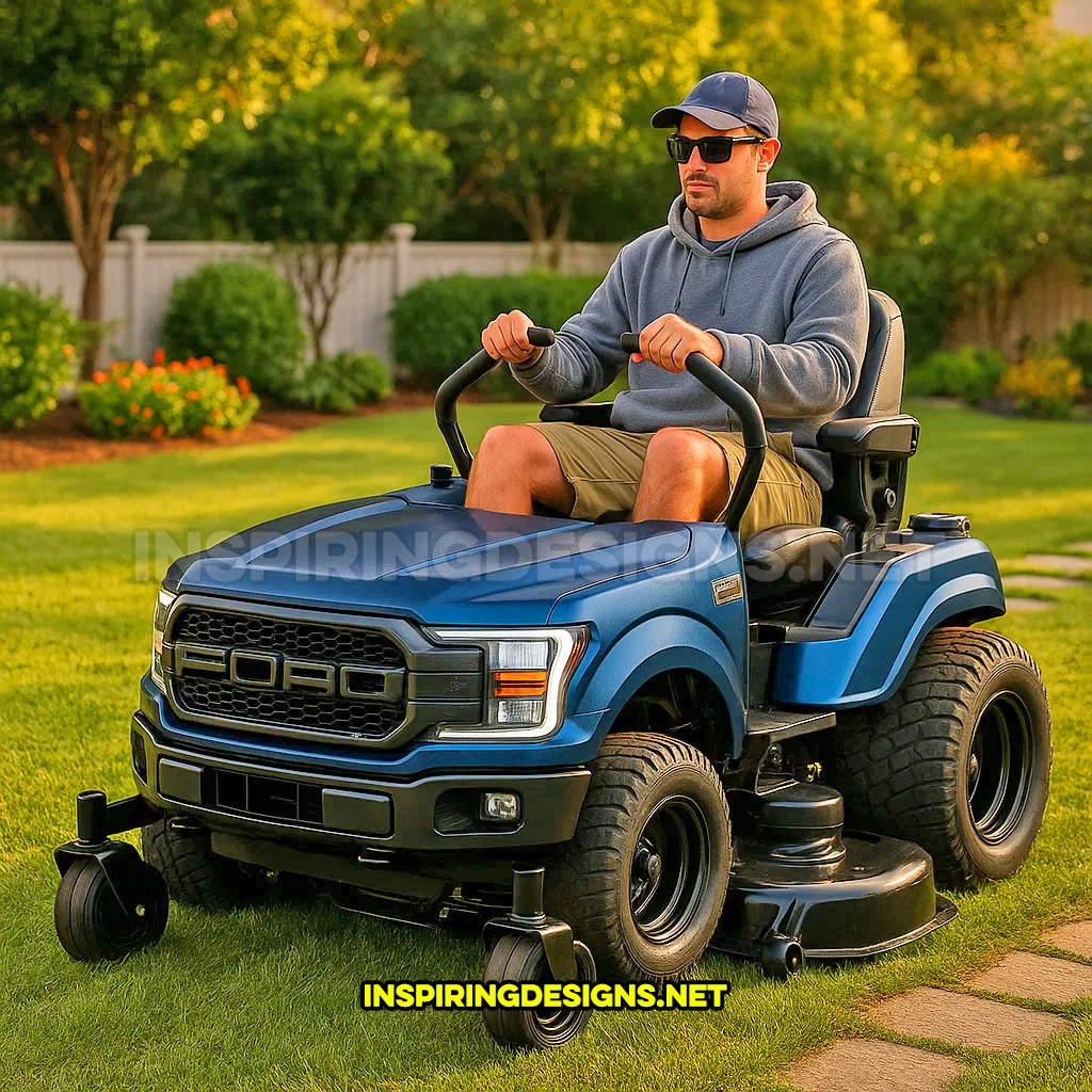 pickup truck lawn mower in a blue Ford F-150 design