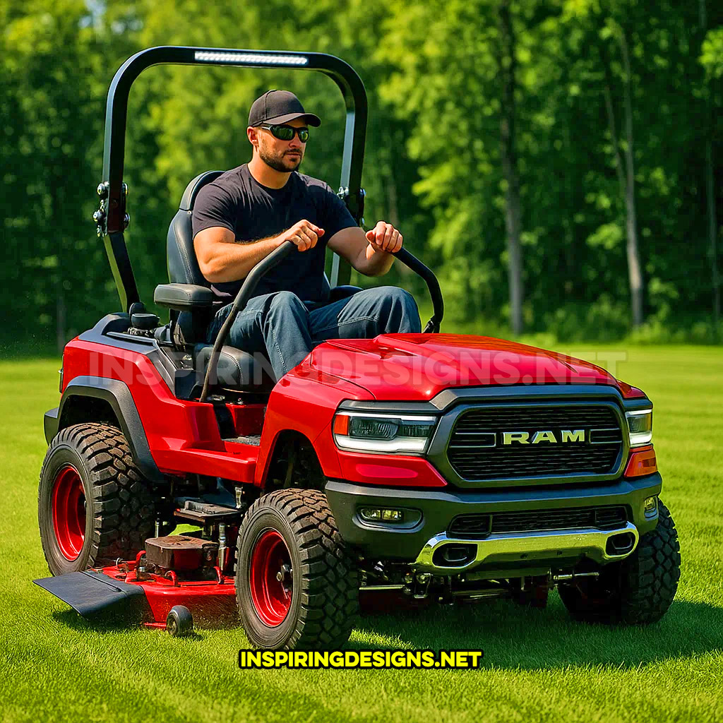 pickup truck lawn mower in a red Dodge Ram design