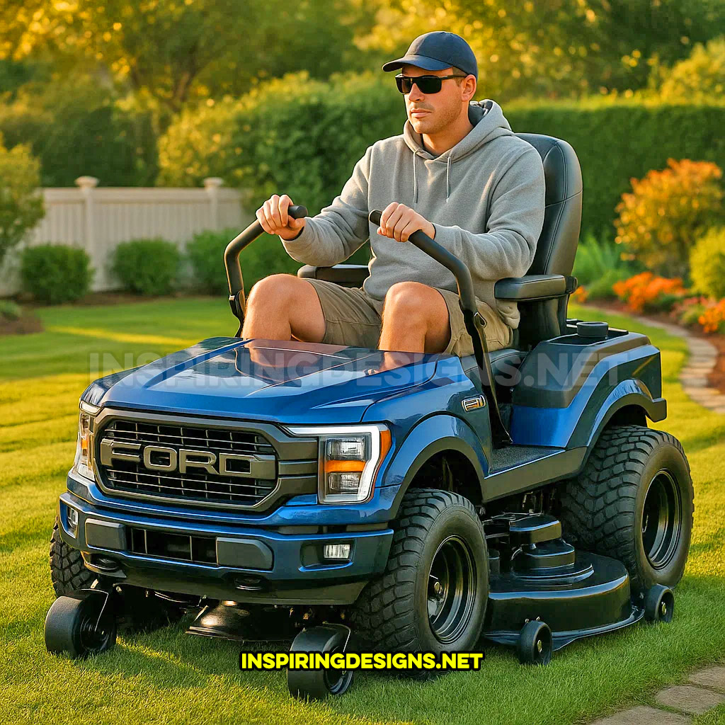 pickup truck lawn mower in a blue Ford F-150 design