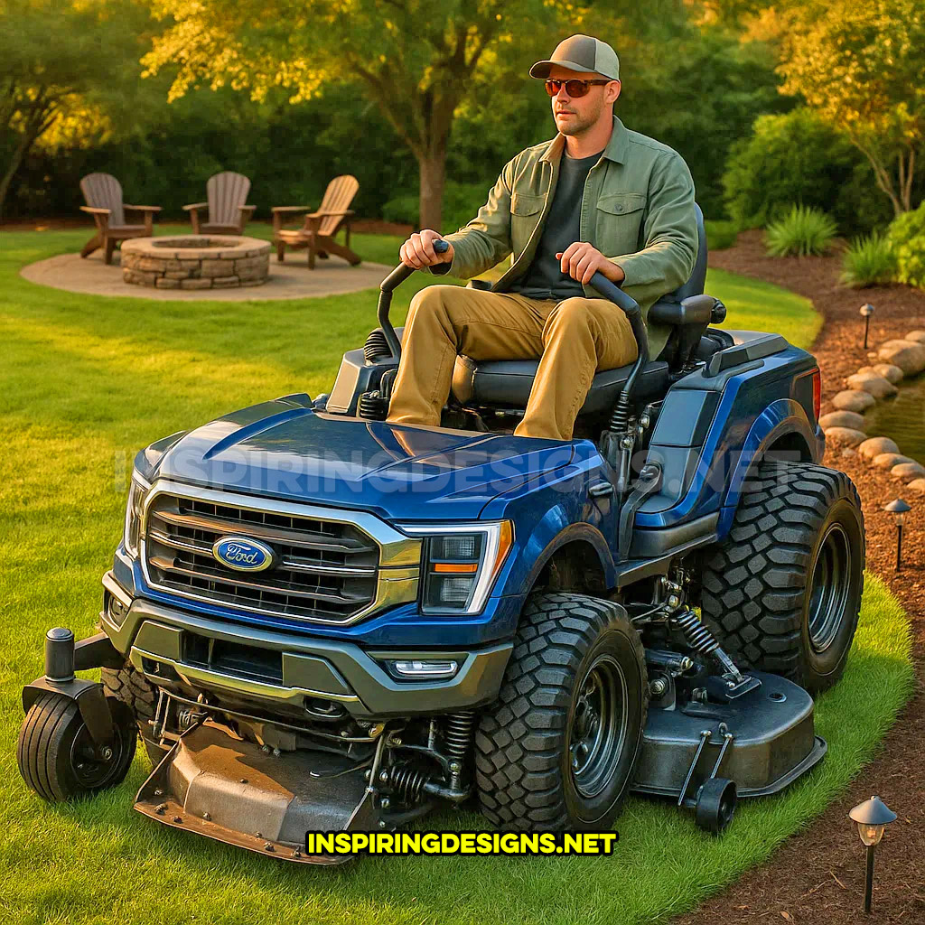 pickup truck lawn mower in a blue Ford F-150 design