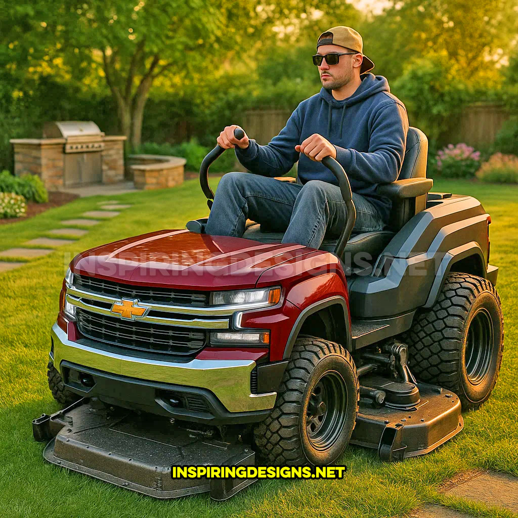 pickup truck lawn mower in a red Chevrolet Silverado design