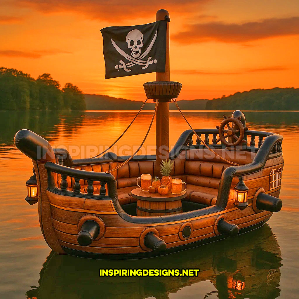 inflatable pirate ship lake float in a brown and black color
