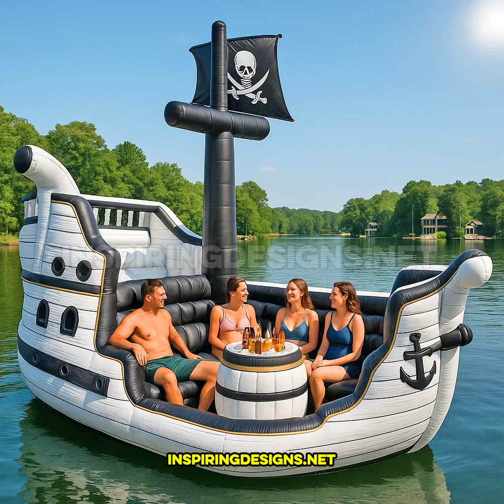inflatable pirate ship lake float in a white and black color