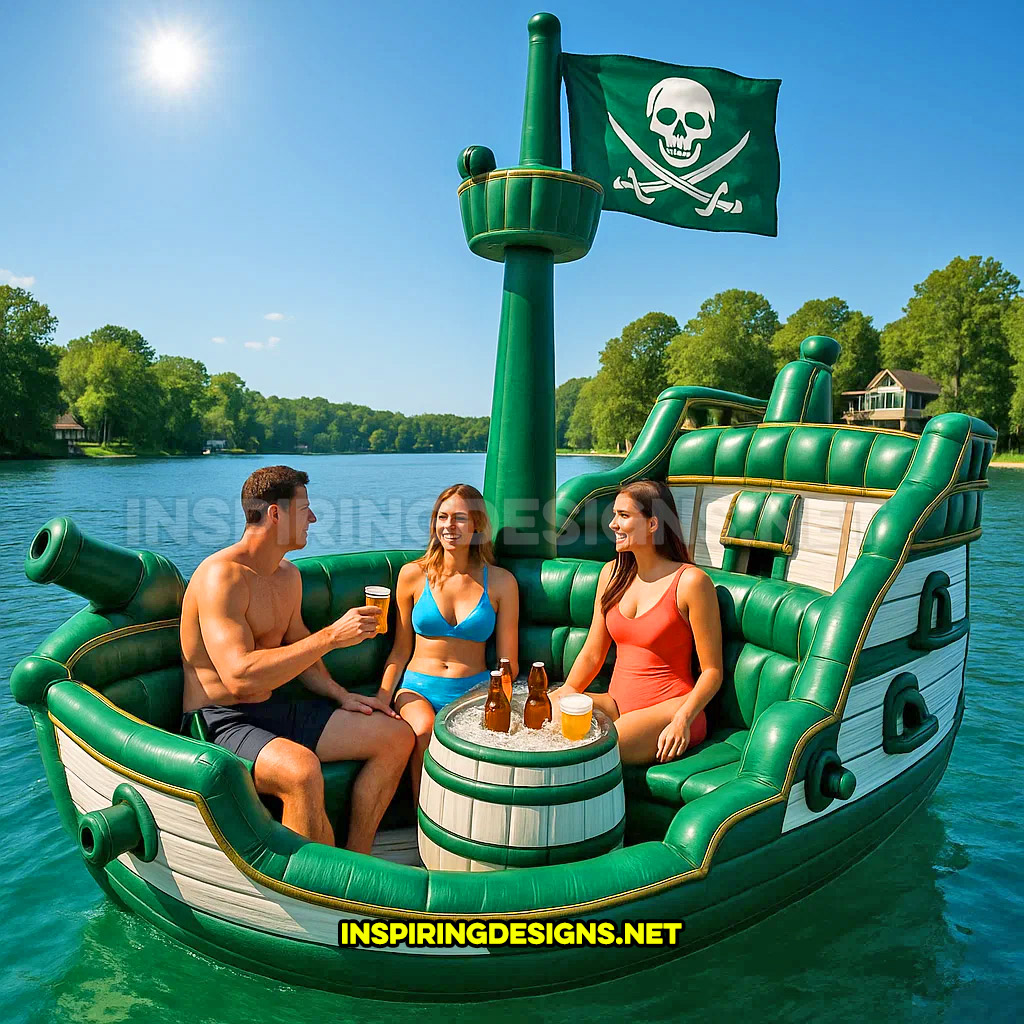 inflatable pirate ship lake float in a green and white color