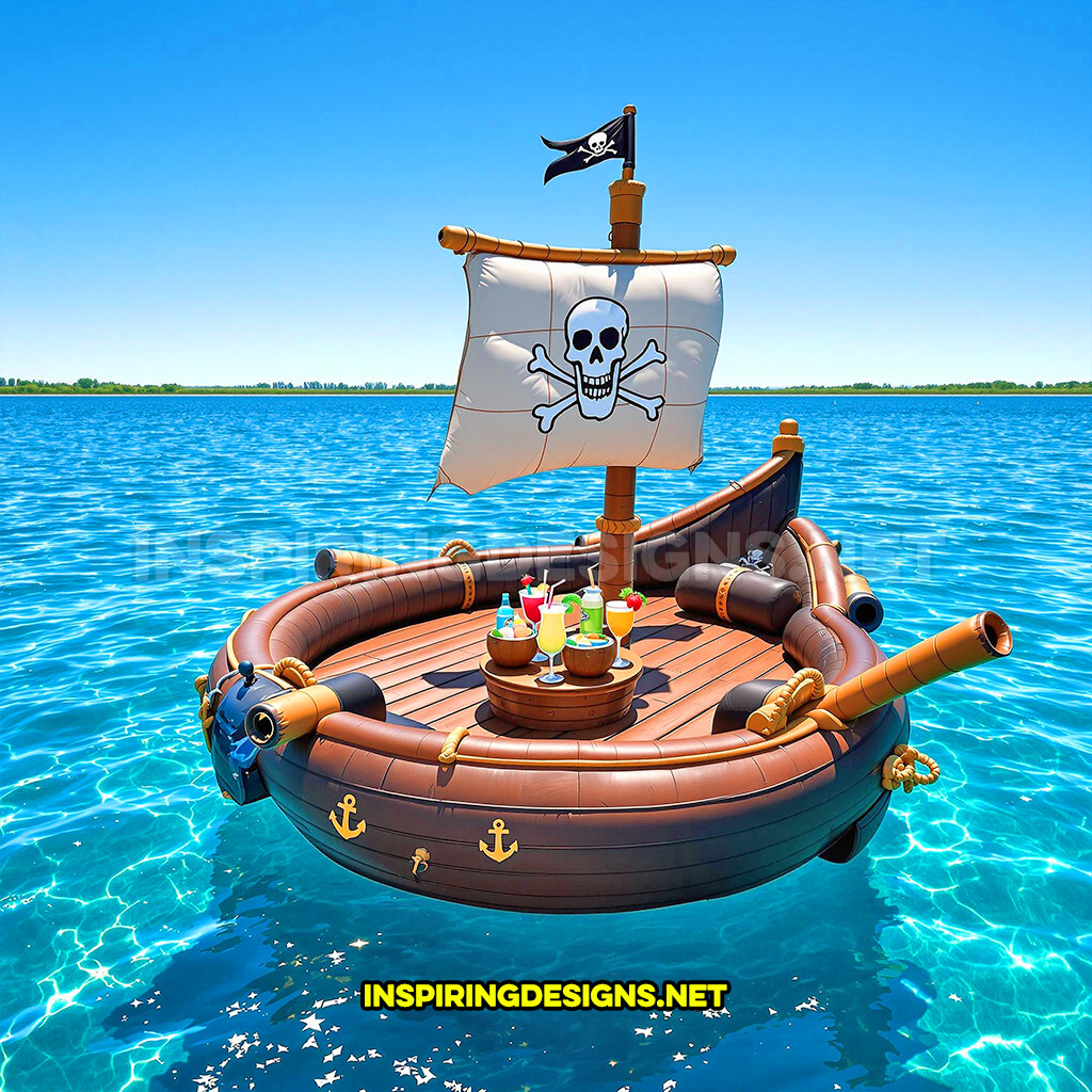 inflatable pirate ship lake float in a circular brown and light brown color