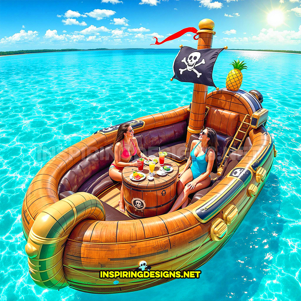 inflatable pirate ship lake float in a brown and light brown color