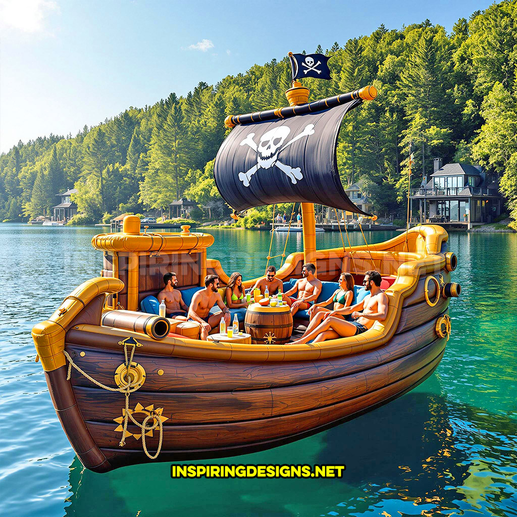 inflatable pirate ship lake float in a brown and light brown color