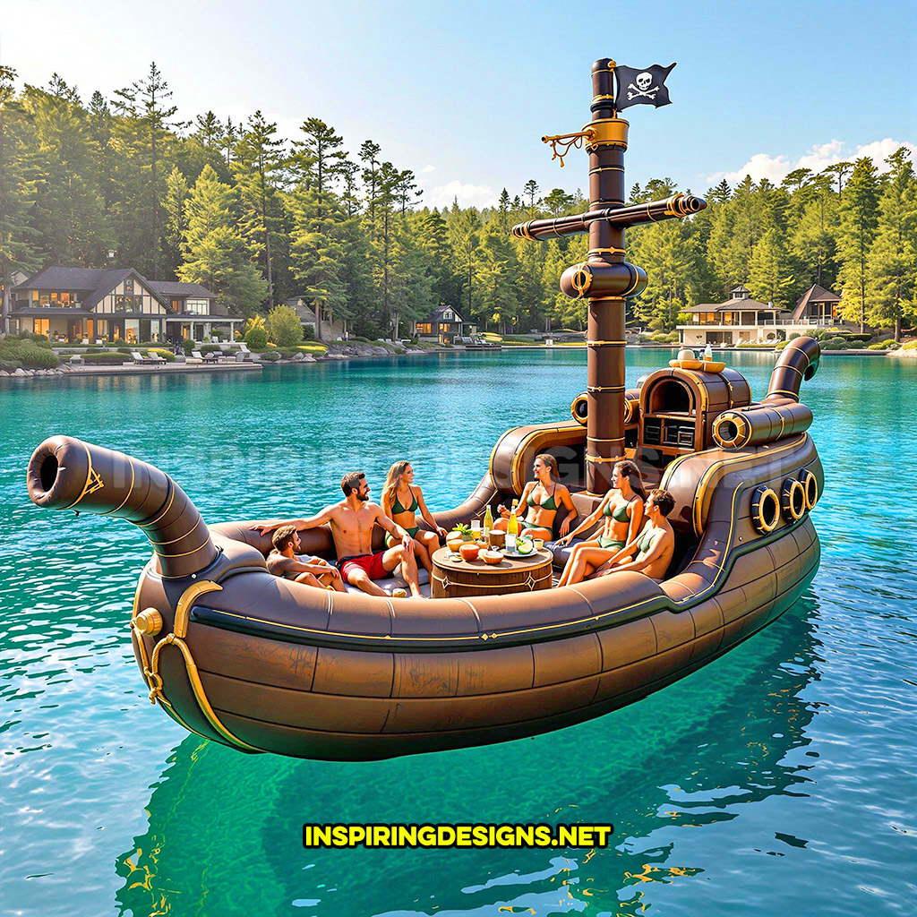 inflatable pirate ship lake float in a brown and gold color