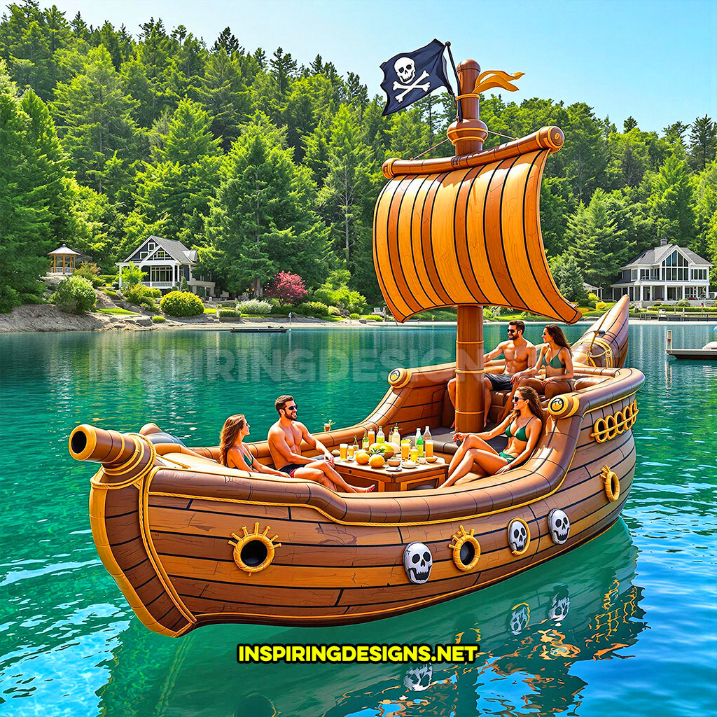 inflatable pirate ship lake float in a brown and light brown color