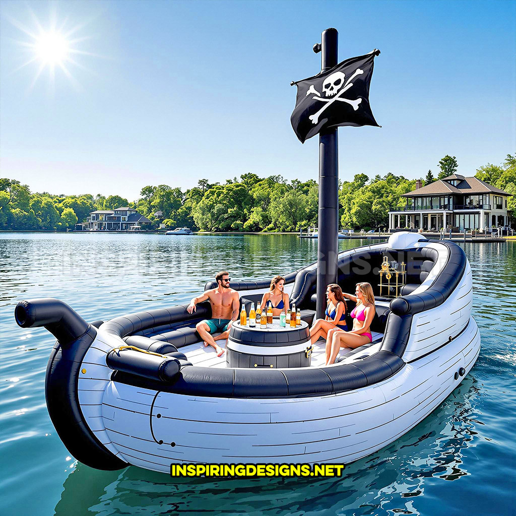 inflatable pirate ship lake float in a black and white color