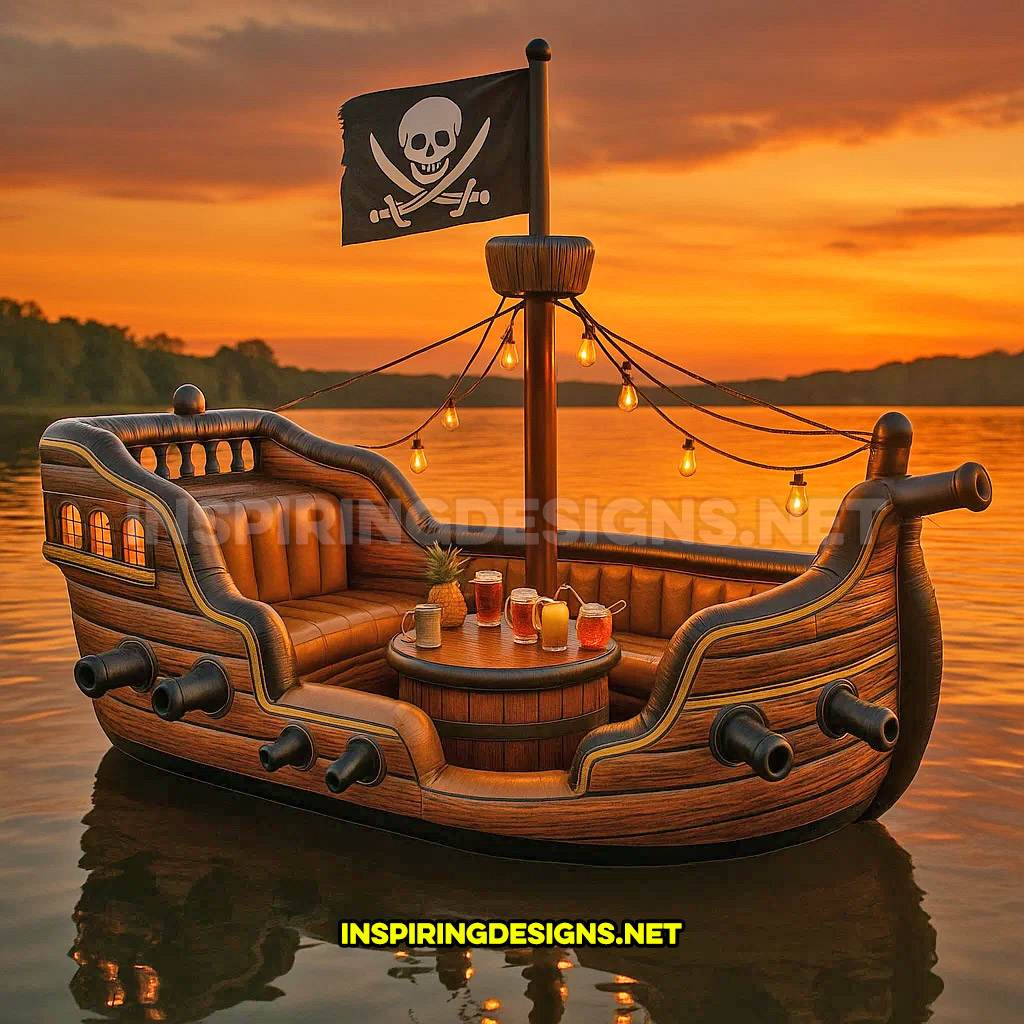 inflatable pirate ship lake float in a brown and black color