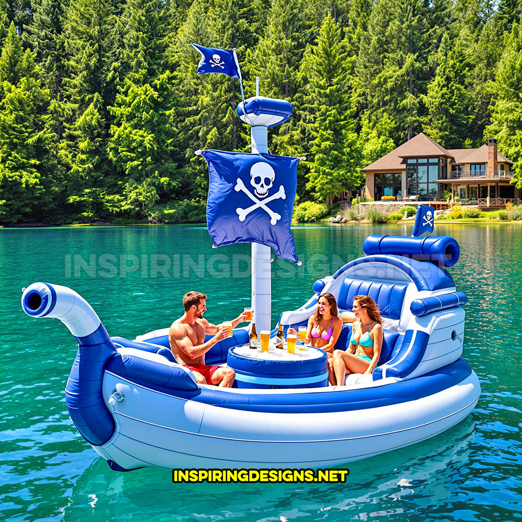 inflatable pirate ship lake float in a blue and white color