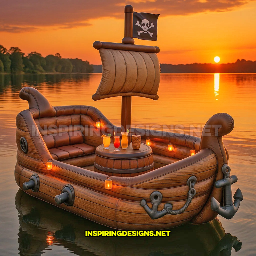 inflatable pirate ship lake float in a brown and grey color