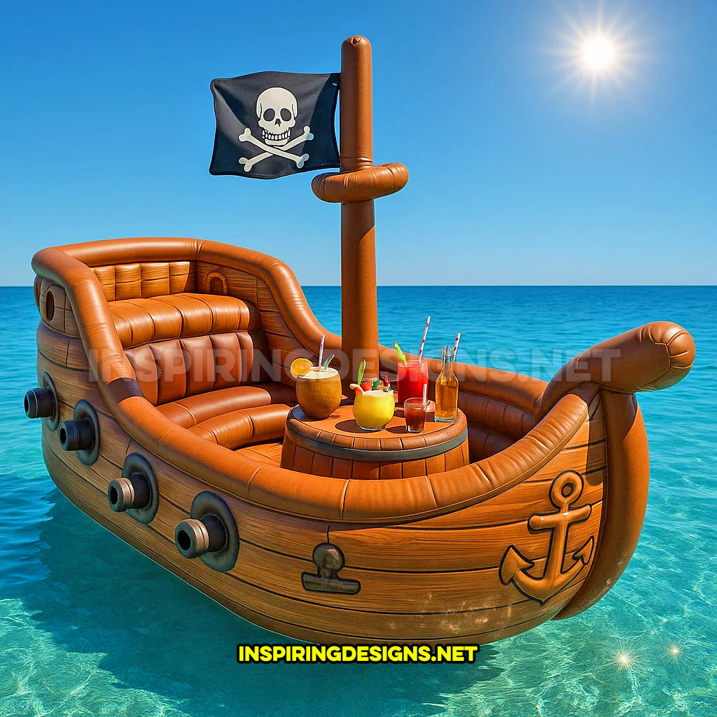 inflatable pirate ship lake float in a brown color