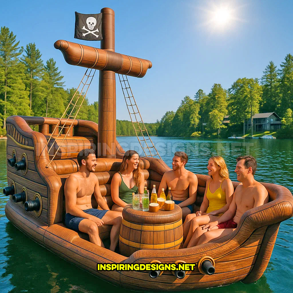 inflatable pirate ship lake float in a light brown color