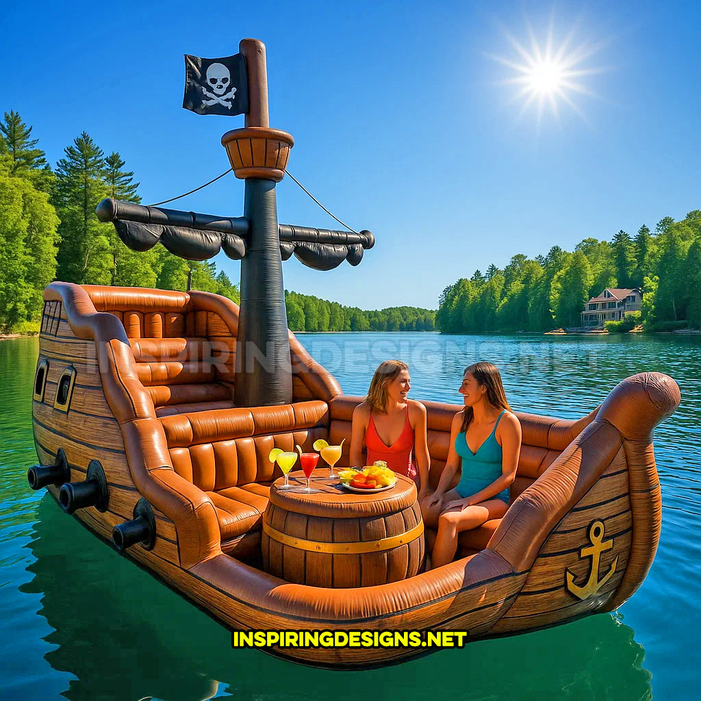 inflatable pirate ship lake float in a brown color