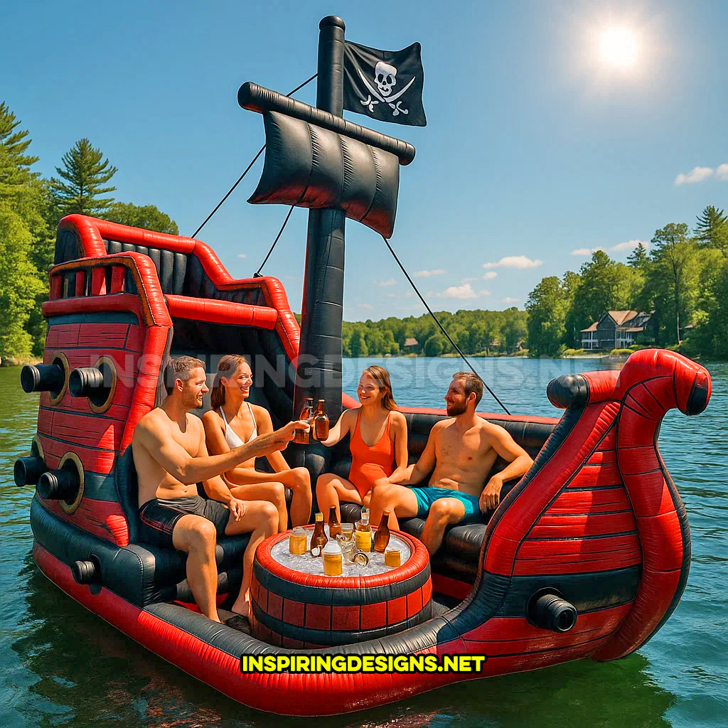 inflatable pirate ship lake float in a red and black color