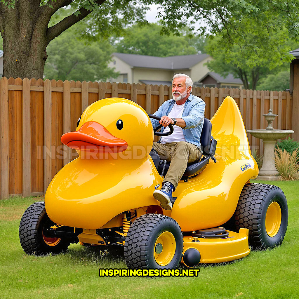 rubber ducky riding lawn mower in a yellow and orange color