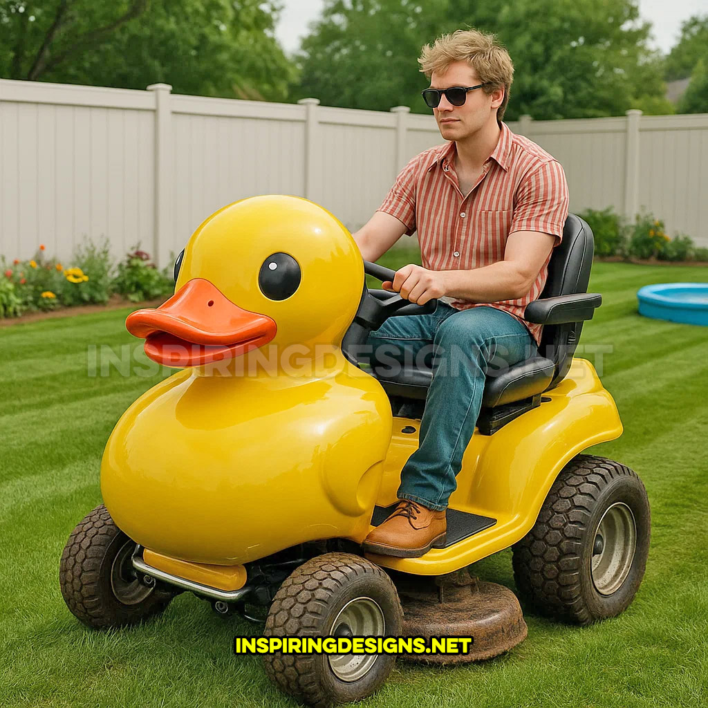 rubber ducky riding lawn mower in a yellow and orange color