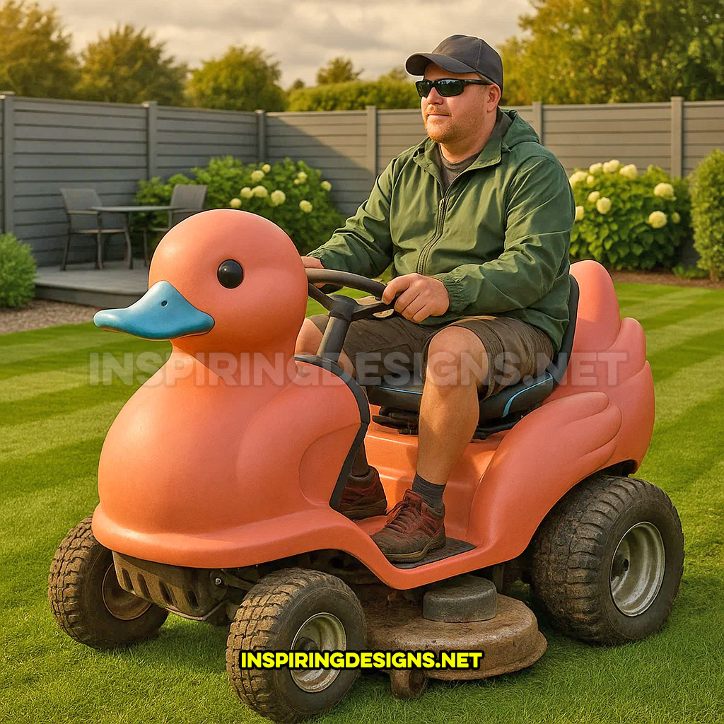 rubber ducky riding lawn mower in a pink and blue color