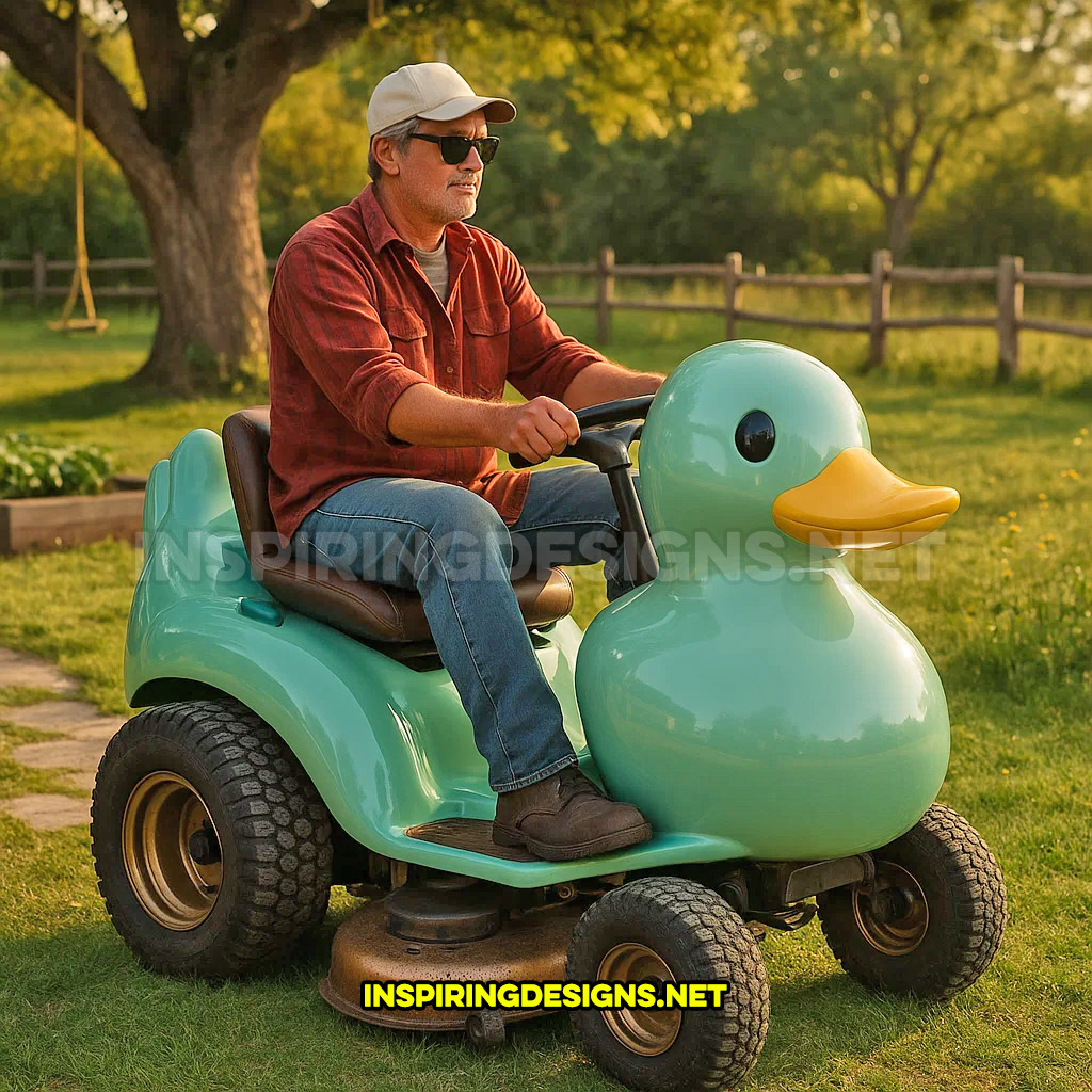 rubber ducky riding lawn mower in a yellow and turquoise color