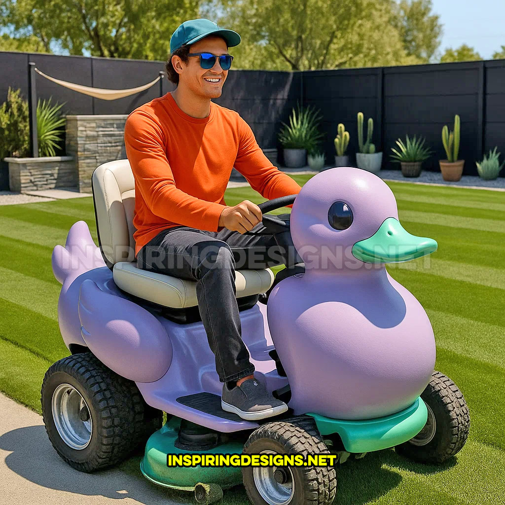 rubber ducky riding lawn mower in a purple and turquoise color