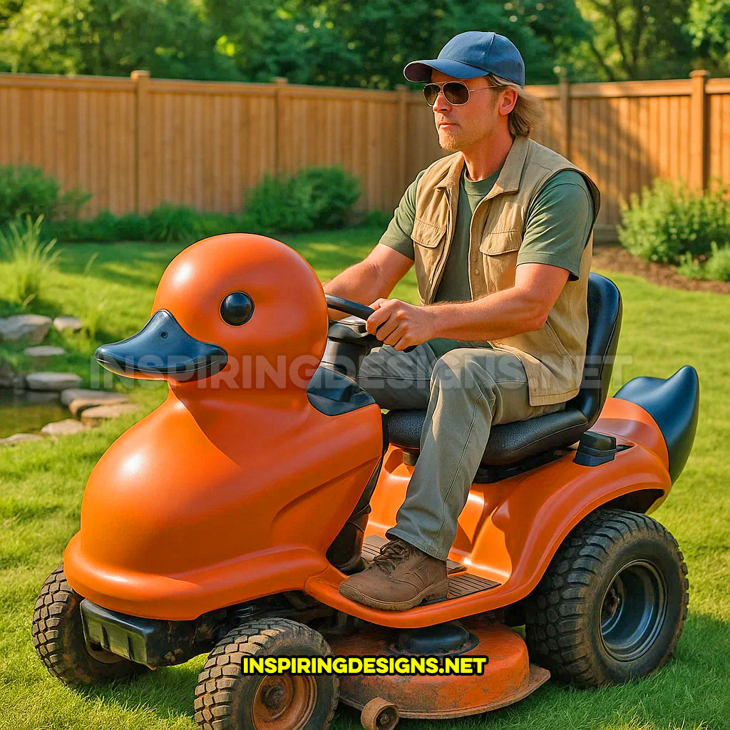 rubber ducky riding lawn mower in a dark orange and black color