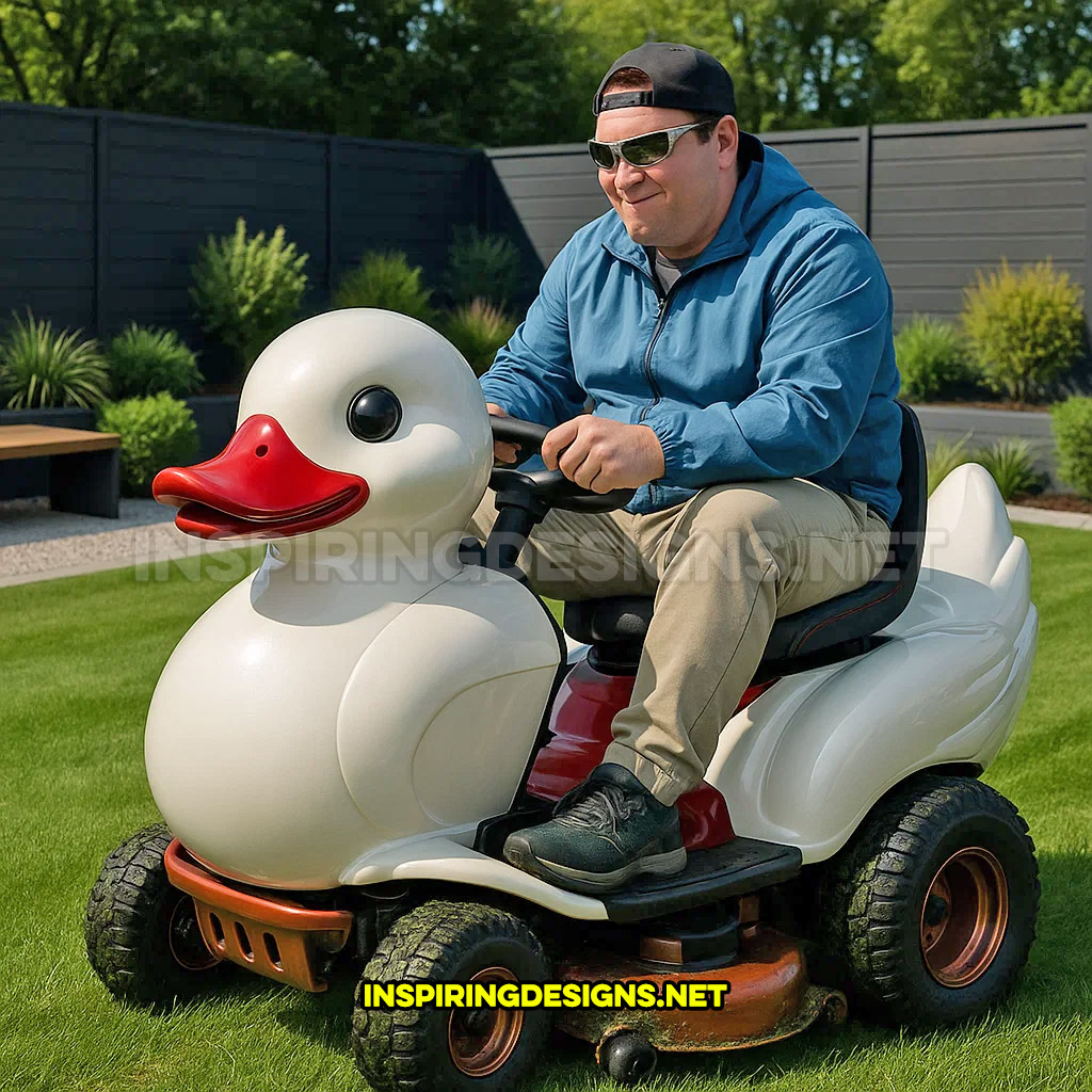 rubber ducky riding lawn mower in a white and red color