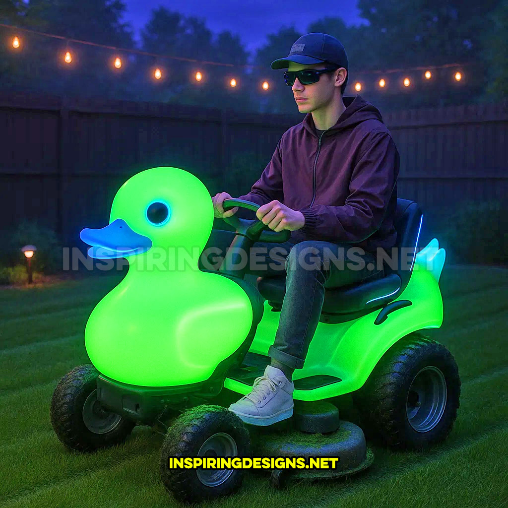 rubber ducky riding lawn mower in a glow in the dark green color