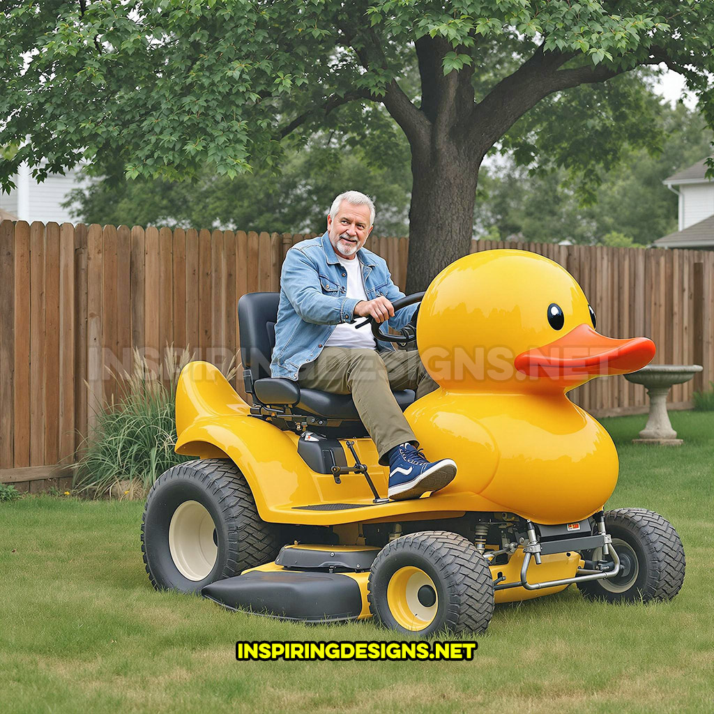 rubber ducky riding lawn mower in a yellow and orange color