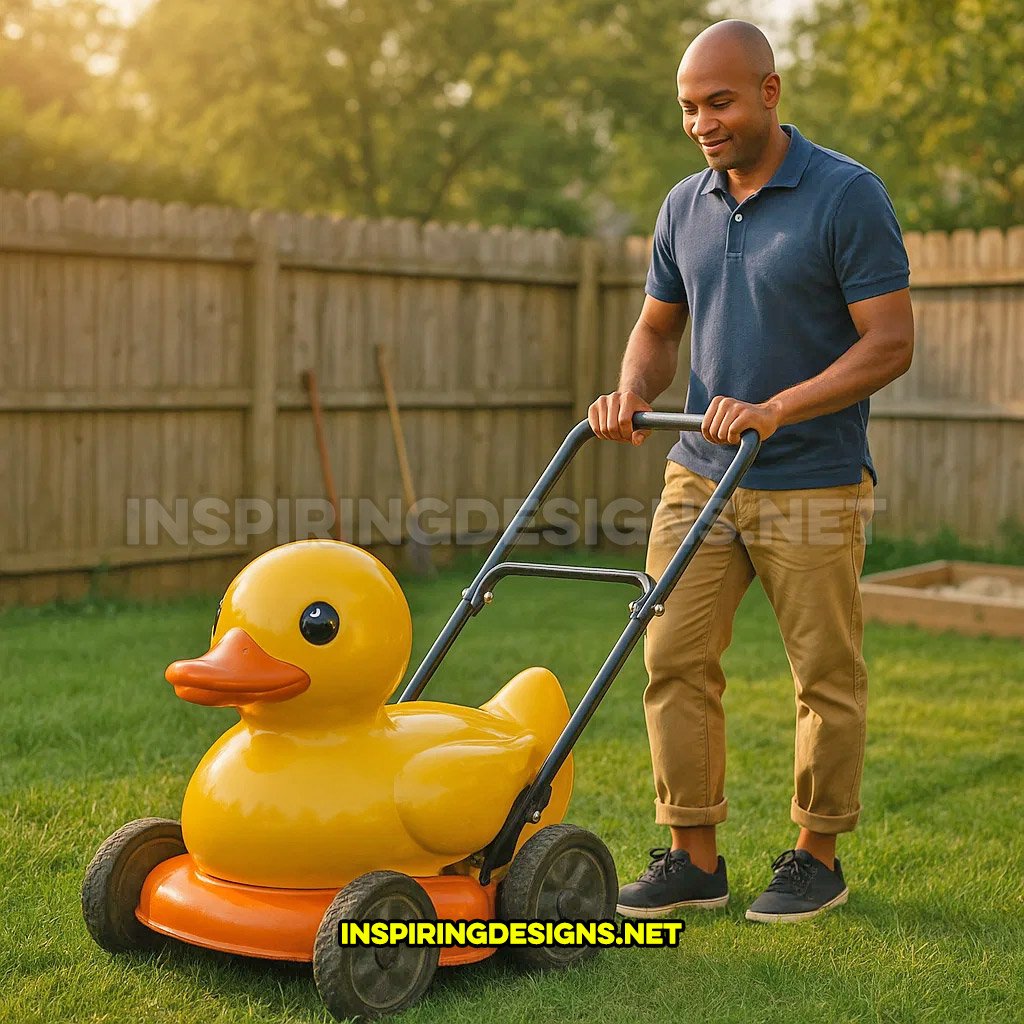 rubber ducky push lawn mower in a yellow and orange color