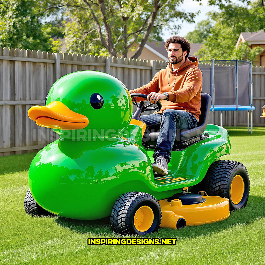 rubber ducky riding lawn mower in a green and yellow color