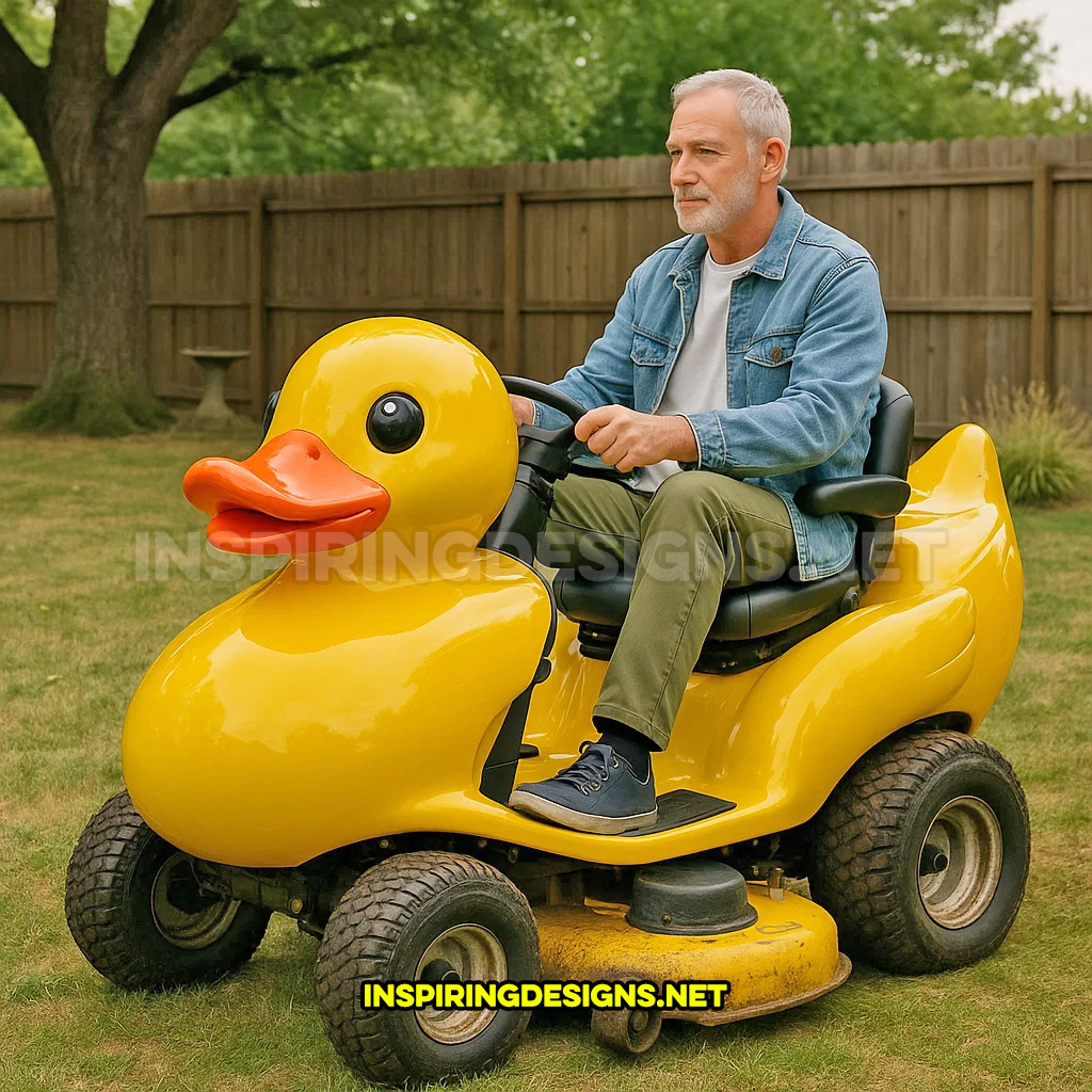 rubber ducky riding lawn mower in a yellow and orange color