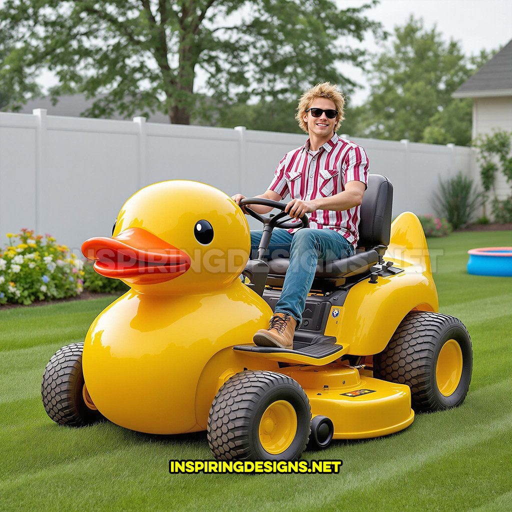 rubber ducky riding lawn mower in a yellow and orange color