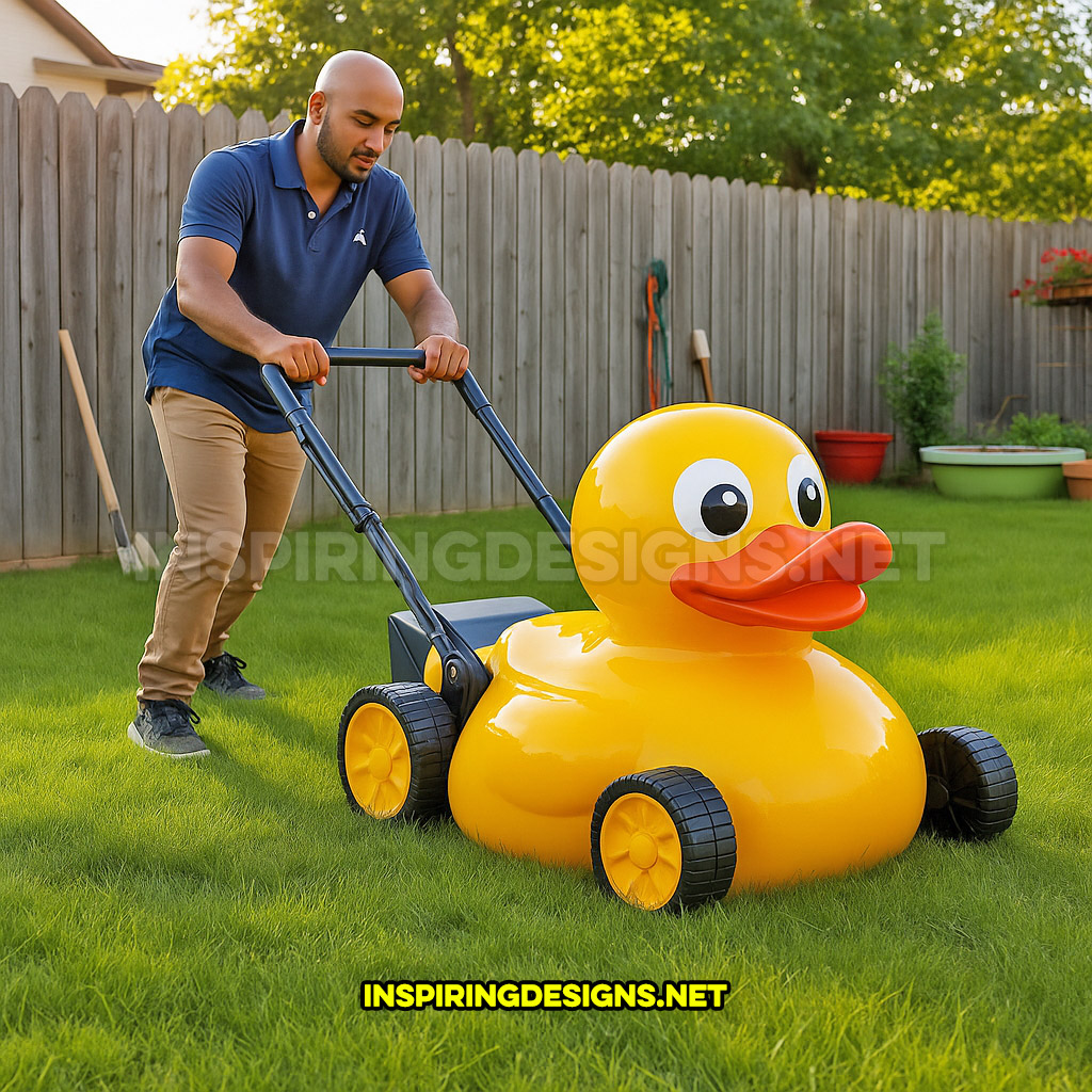 rubber ducky push lawn mower in a yellow and orange color