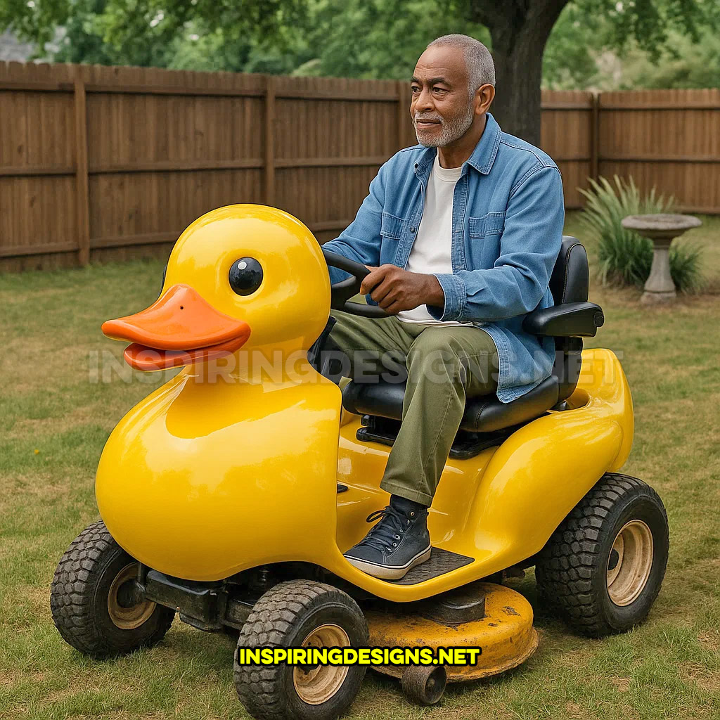 rubber ducky riding lawn mower in a yellow and orange color