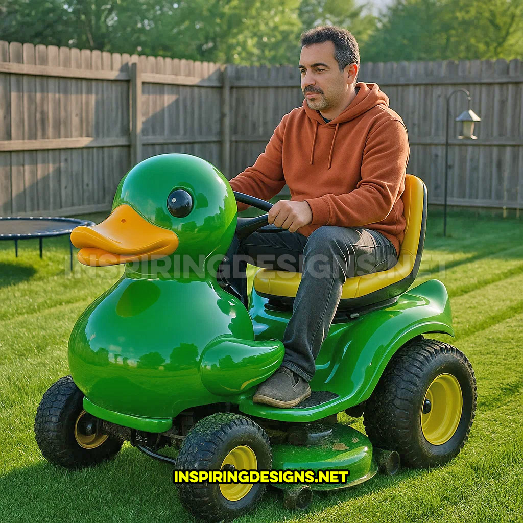 rubber ducky riding lawn mower in a green and yellow color